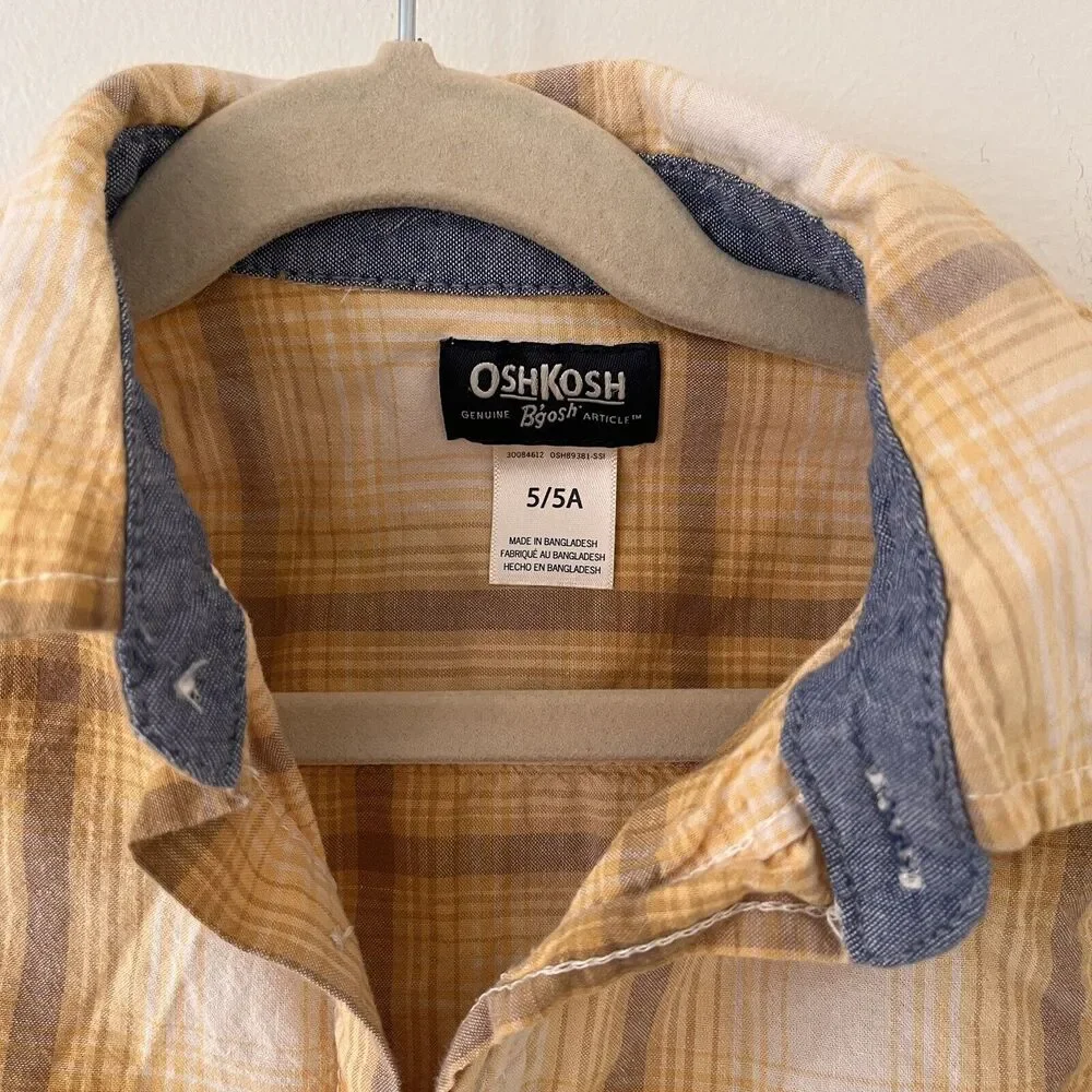 OshKosh B'gosh Boys Button Up Shirt Plaid Yellow Brown Blue 100% Cotton- Size 5 - Picture 2 of 5